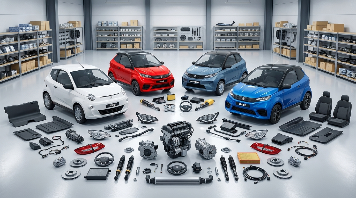 Minicars und zahlreiche Karosserie-, Motor- und Fahrwerksteile im Ersatzteillager