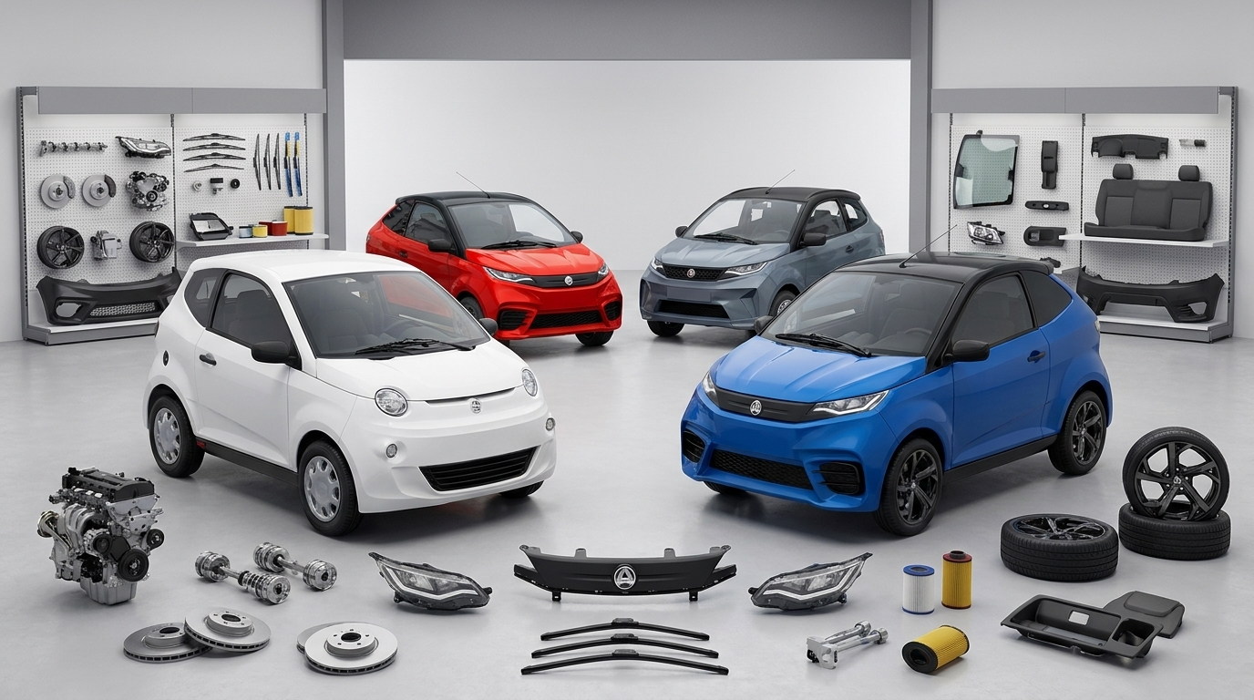 Minicars mit Motor-, Brems-, Karosserie- und Serviceteilen